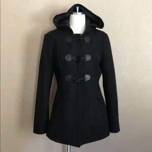 New York & Co Black Wool Hooded Toggle Zip Peacoat